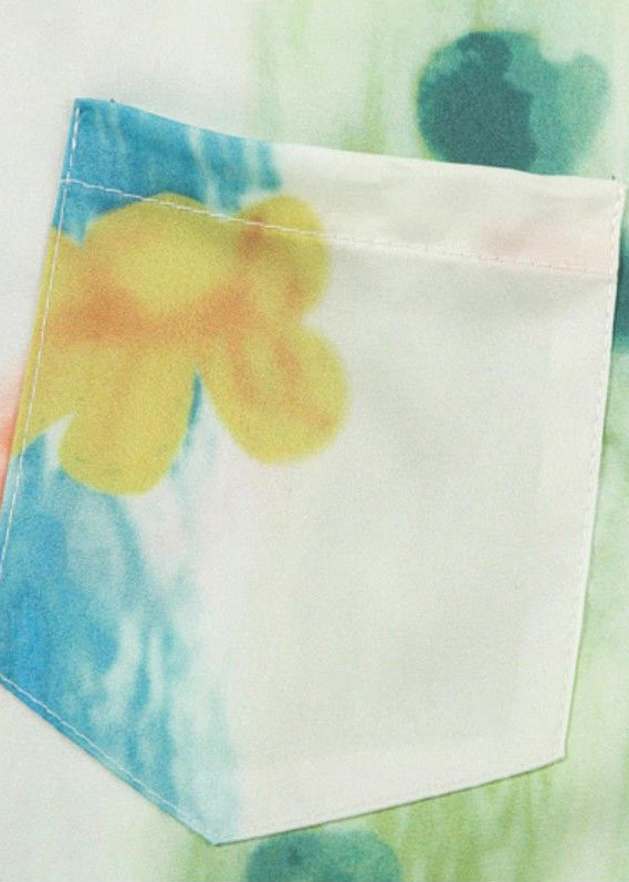 Green Peter Pan Collar Print Pockets Cotton Shirts Summer