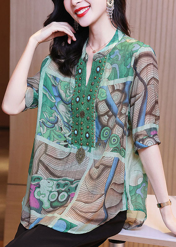 Green Print Nail Bead Patchwork Linen Shirts Bracelet Sleeve