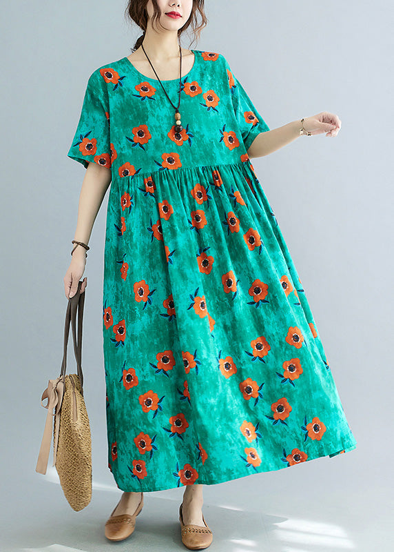 Green Print Patchwork Cozy Holiday Maxi Dress Summer