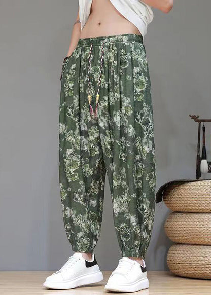 Green Print Pockets Ice Silk Crop Pants Summer