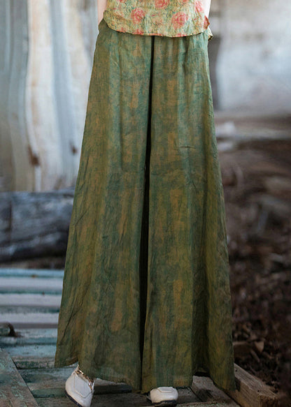 Green Print Pockets Linen Wide Leg Pants Summer