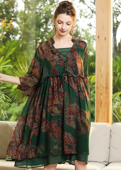 Green Print Ruffled Cross Strap Chiffon Dress Flare Sleeve