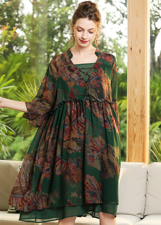 Green Print Ruffled Cross Strap Chiffon Dress Flare Sleeve