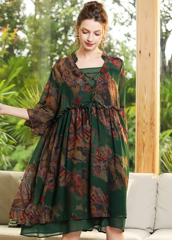 Green Print Ruffled Cross Strap Chiffon Dress Flare Sleeve