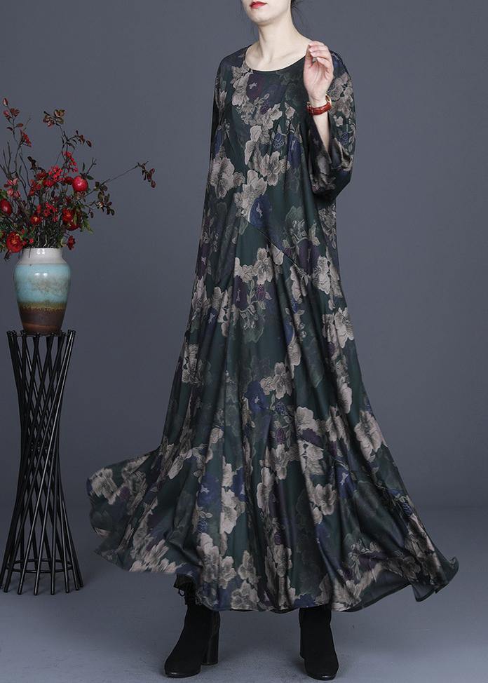 Green Print Silk Asymmetrical Design Mid Dress Summer