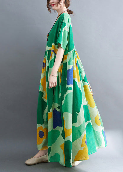 Green Print Wrinkled Party Maxi Dress Summer