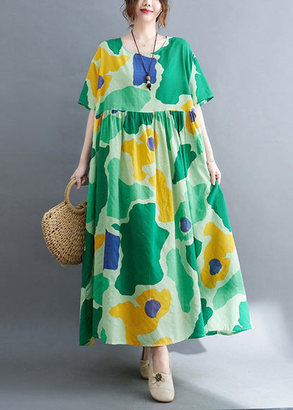 Green Print Wrinkled Party Maxi Dress Summer