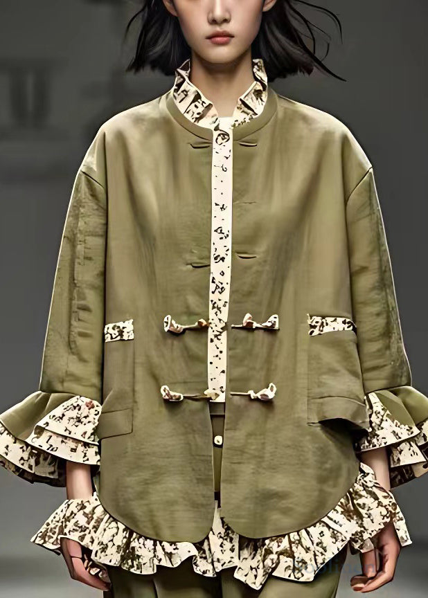 Green Ruffled Button Cotton Coats Butterfly Sleeve