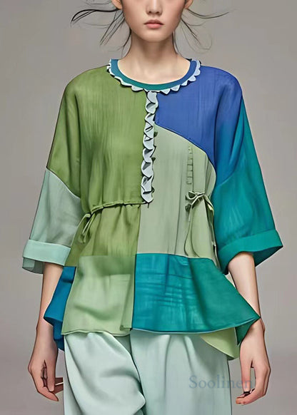 Green Ruffled Patchwork Cotton Shirts Bracelet Sleeve