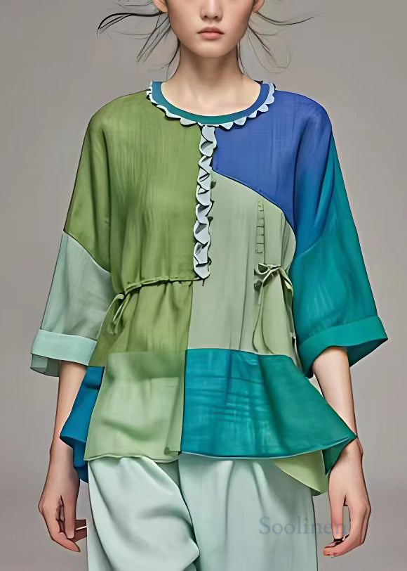 Green Ruffled Patchwork Cotton Shirts Bracelet Sleeve