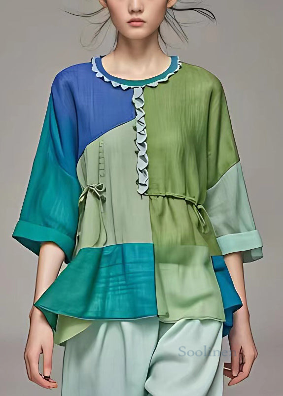 Green Ruffled Patchwork Cotton Shirts Bracelet Sleeve