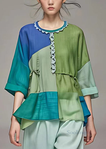 Green Ruffled Patchwork Cotton Shirts Bracelet Sleeve