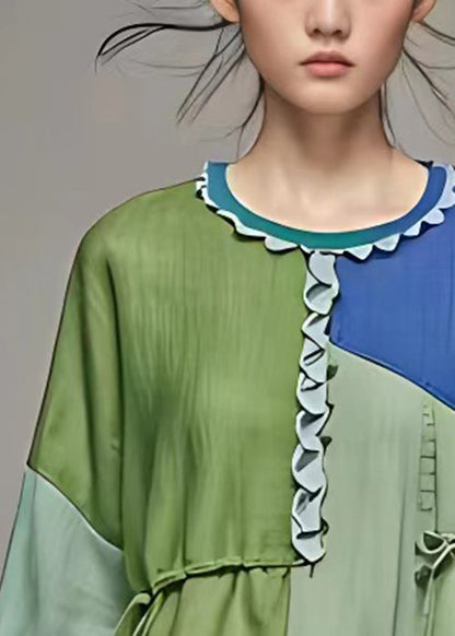 Green Ruffled Patchwork Cotton Shirts Bracelet Sleeve