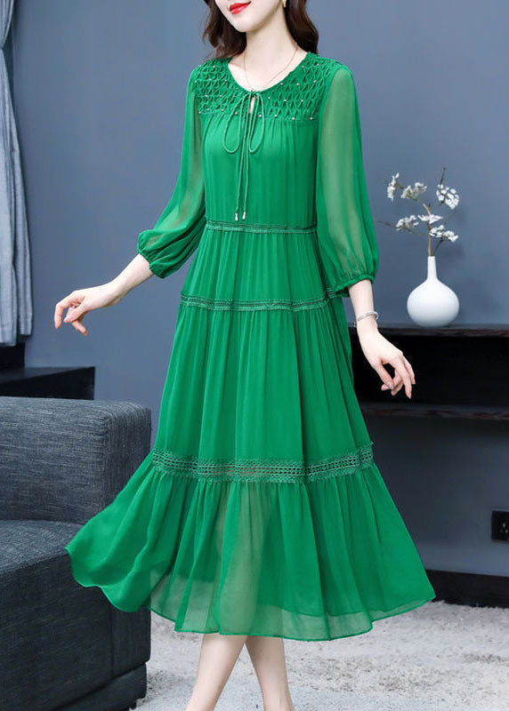 Green Ruffled Patchwork Hollow Out Silk Maxi Dress Bracelet Sleeve