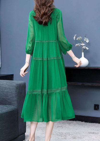 Green Ruffled Patchwork Hollow Out Silk Maxi Dress Bracelet Sleeve