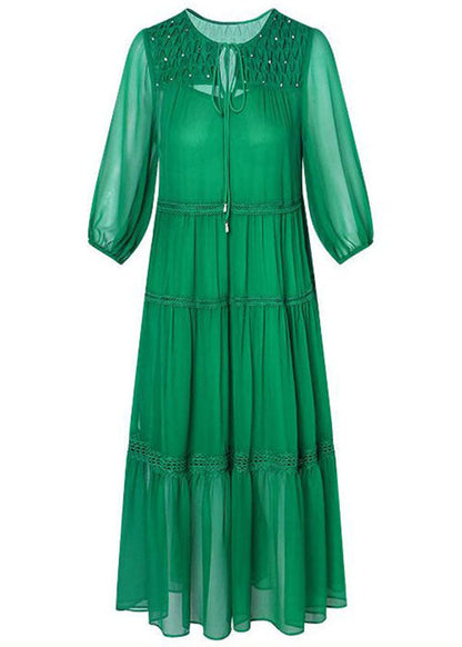 Green Ruffled Patchwork Hollow Out Silk Maxi Dress Bracelet Sleeve