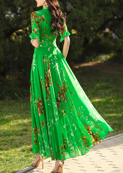 Green Ruffled Print Chiffon Maxi Dresses Summer