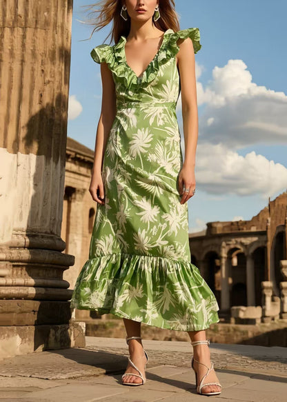 Green Ruffled Print Silk Long Dresses Summer
