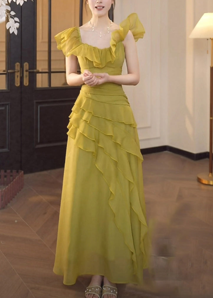 Green Square Collar Ruffled Patchwork Chiffon Dress Summer