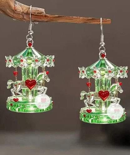 Green Stainless Steel Acrylic Crystal Carousel Drop Earrings