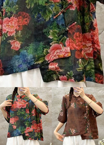Green Stand Collar Print Linen Shirt Summer