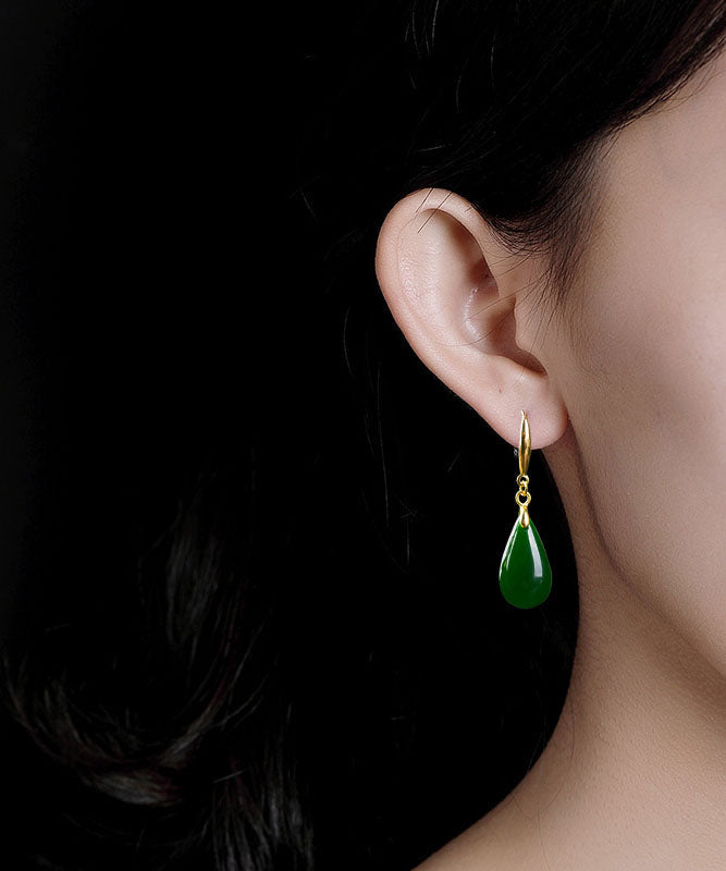 Green Sterling Silver Overgild Jade Water Drops Drop Earrings