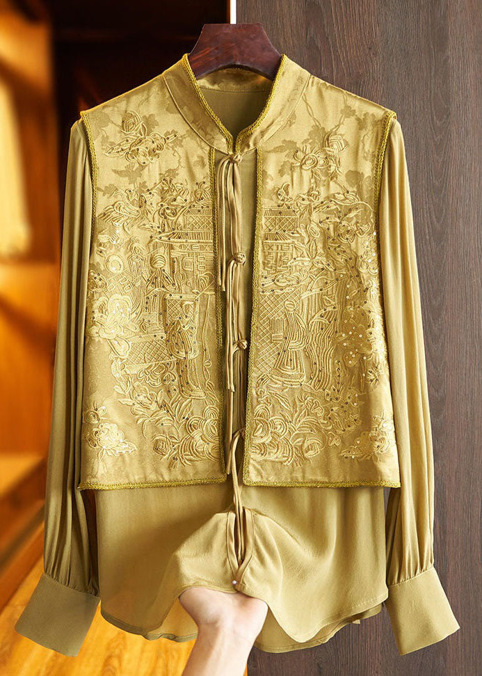 Green Tasseled Jacquard Patchwork Silk Shirt Top Spring