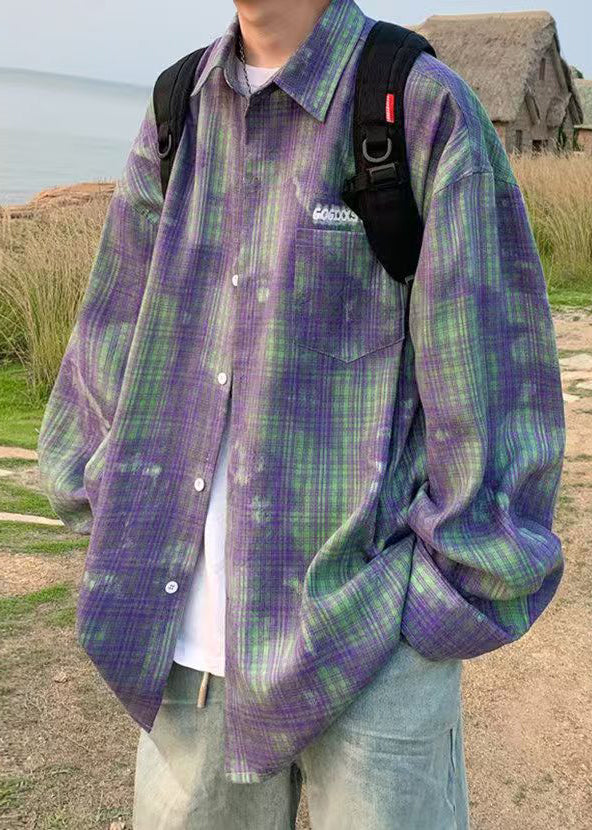 Green Tie Dye Plaid Oversized Cotton Shirts Spring