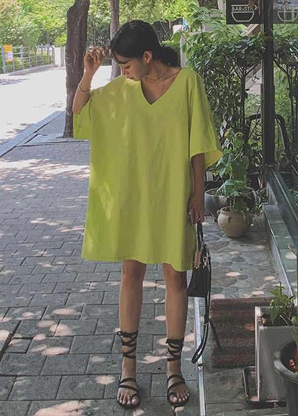 Green V Neck Linen Mid Dresses Half Sleeve