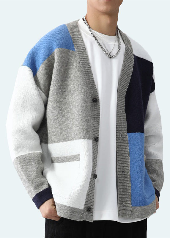 Green V Neck Pockets Patchwork Knit Cardigan Spring