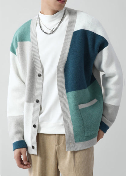 Green V Neck Pockets Patchwork Knit Cardigan Spring