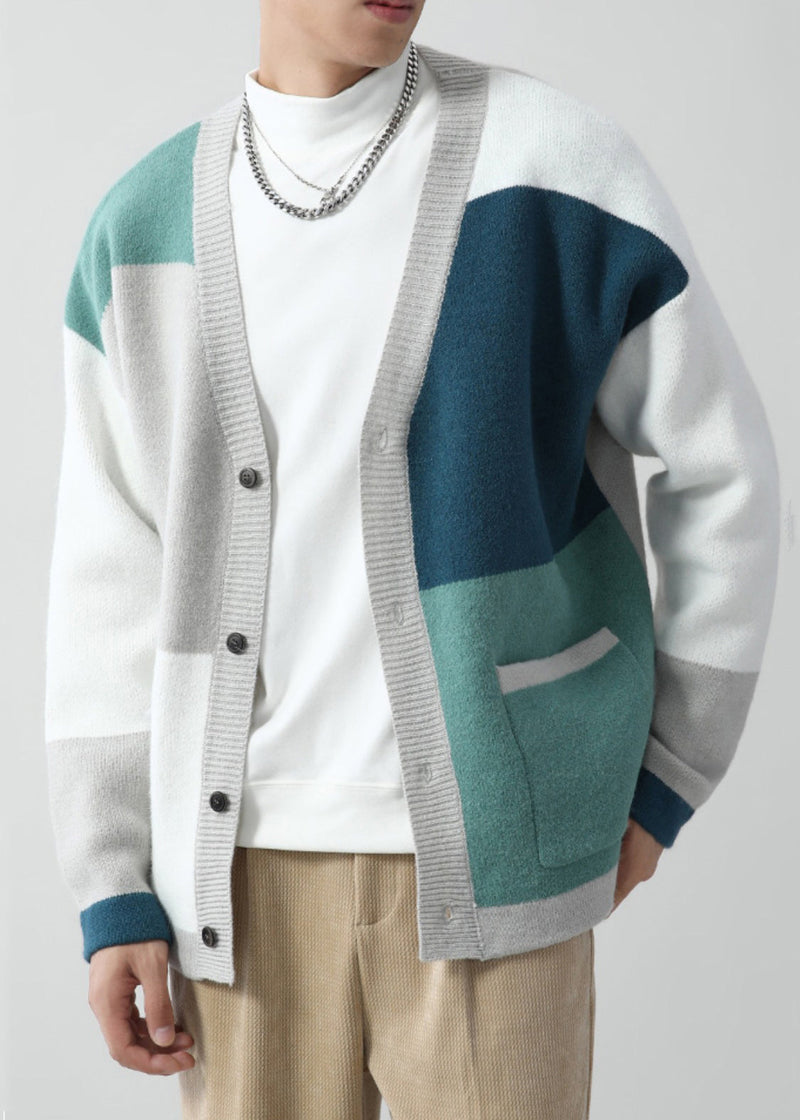 Green V Neck Pockets Patchwork Knit Cardigan Spring