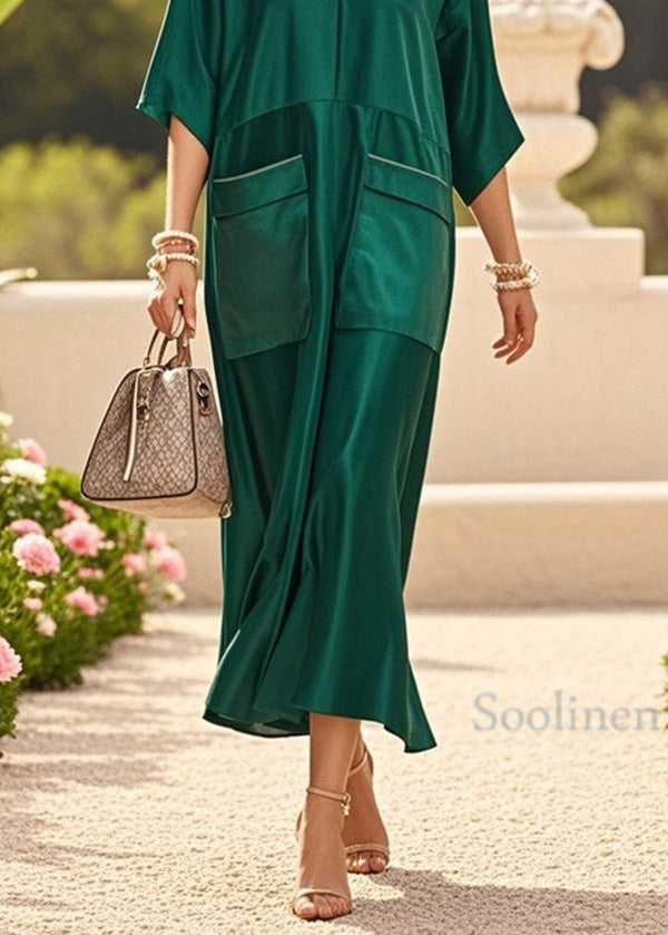 Green V Neck Pockets Patchwork Silk Dresses Summer