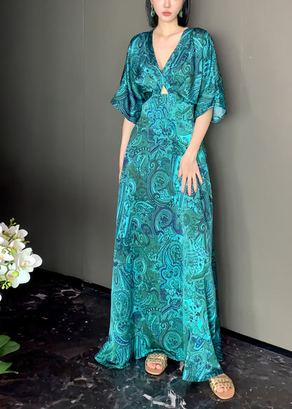 Green V Neck Print Backless Silk Maxi Dresses Long Sleeve