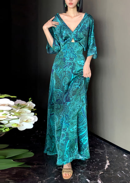Green V Neck Print Backless Silk Maxi Dresses Long Sleeve