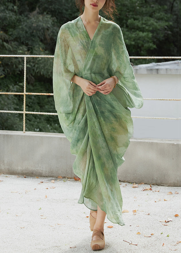 Green V Neck Print Linen Two Pieces Set Batwing Sleeve