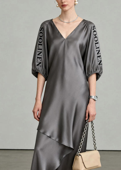 Grey Asymmetrical Maxi Dresses V Neck Lantersleeve