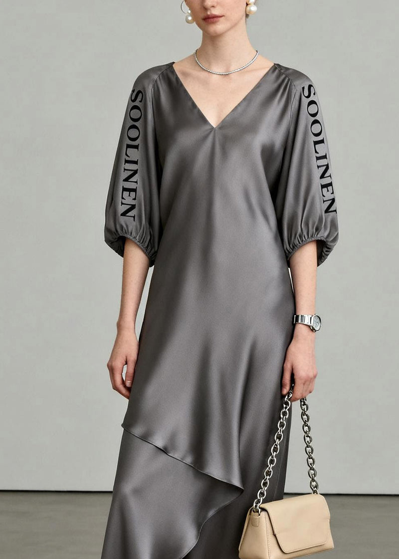 Grey Asymmetrical Maxi Dresses V Neck Lantersleeve