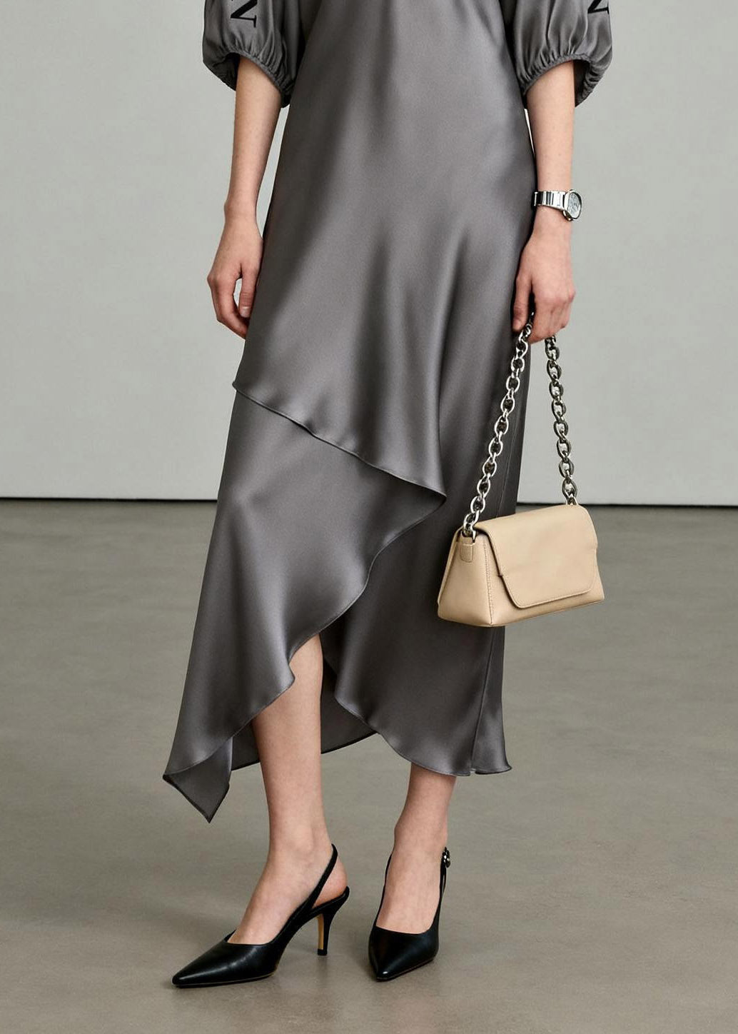 Grey Asymmetrical Maxi Dresses V Neck Lantersleeve