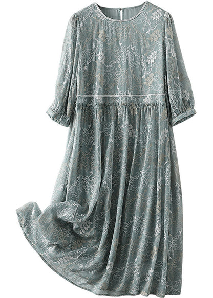 Grey Blue Hollow Out Printing Silk Dress Long Sleeve