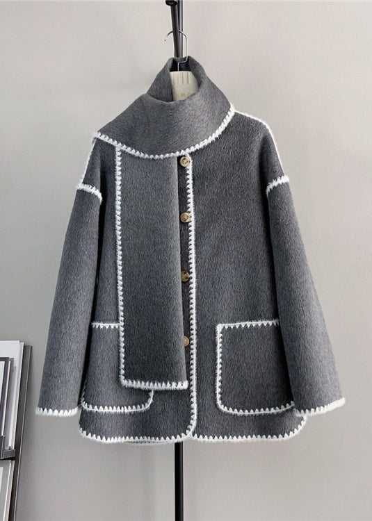 Grey Button Pockets Woolen Short Coats Winter