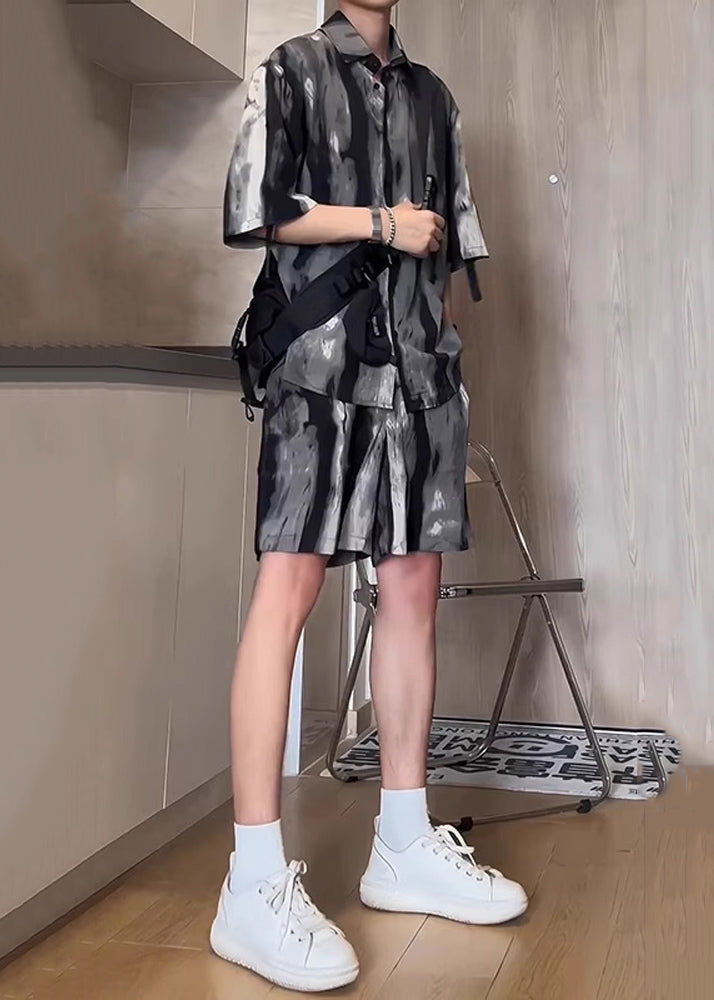 Grey Button Shirts and Shorts Cotton Two Pieces Set Summer