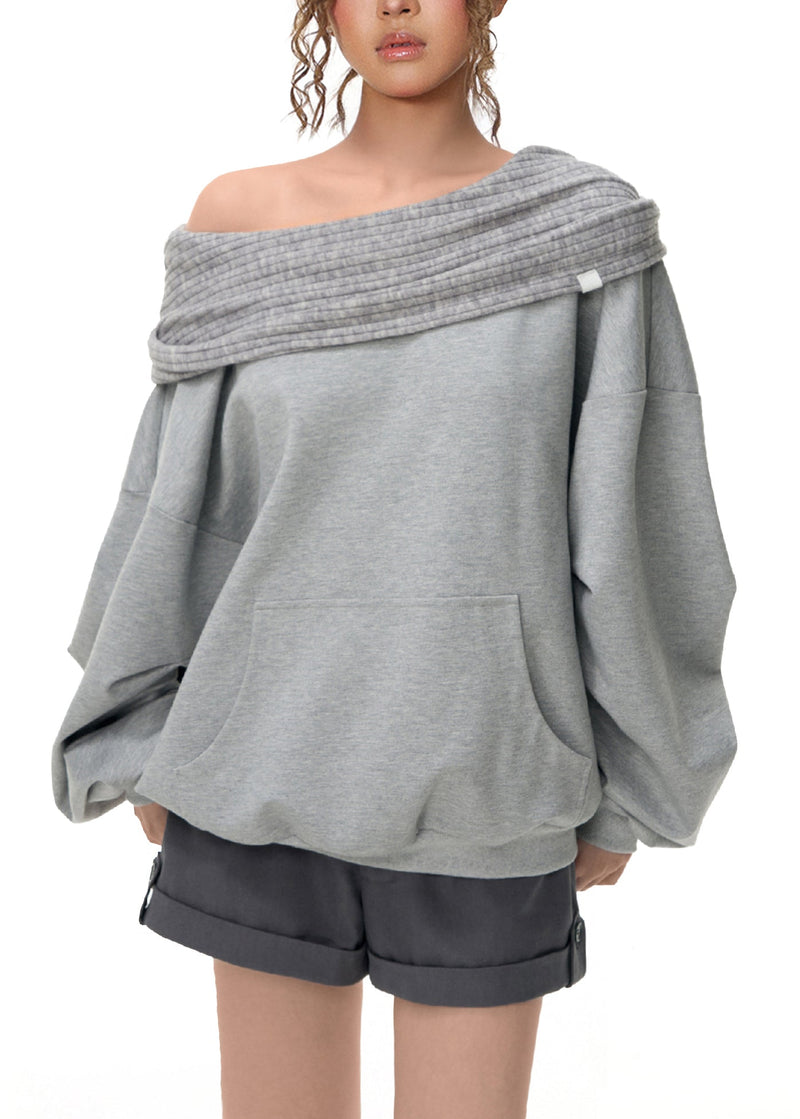 Grey Cold Shoulder Patchwork Cotton Sweatshirt Fall