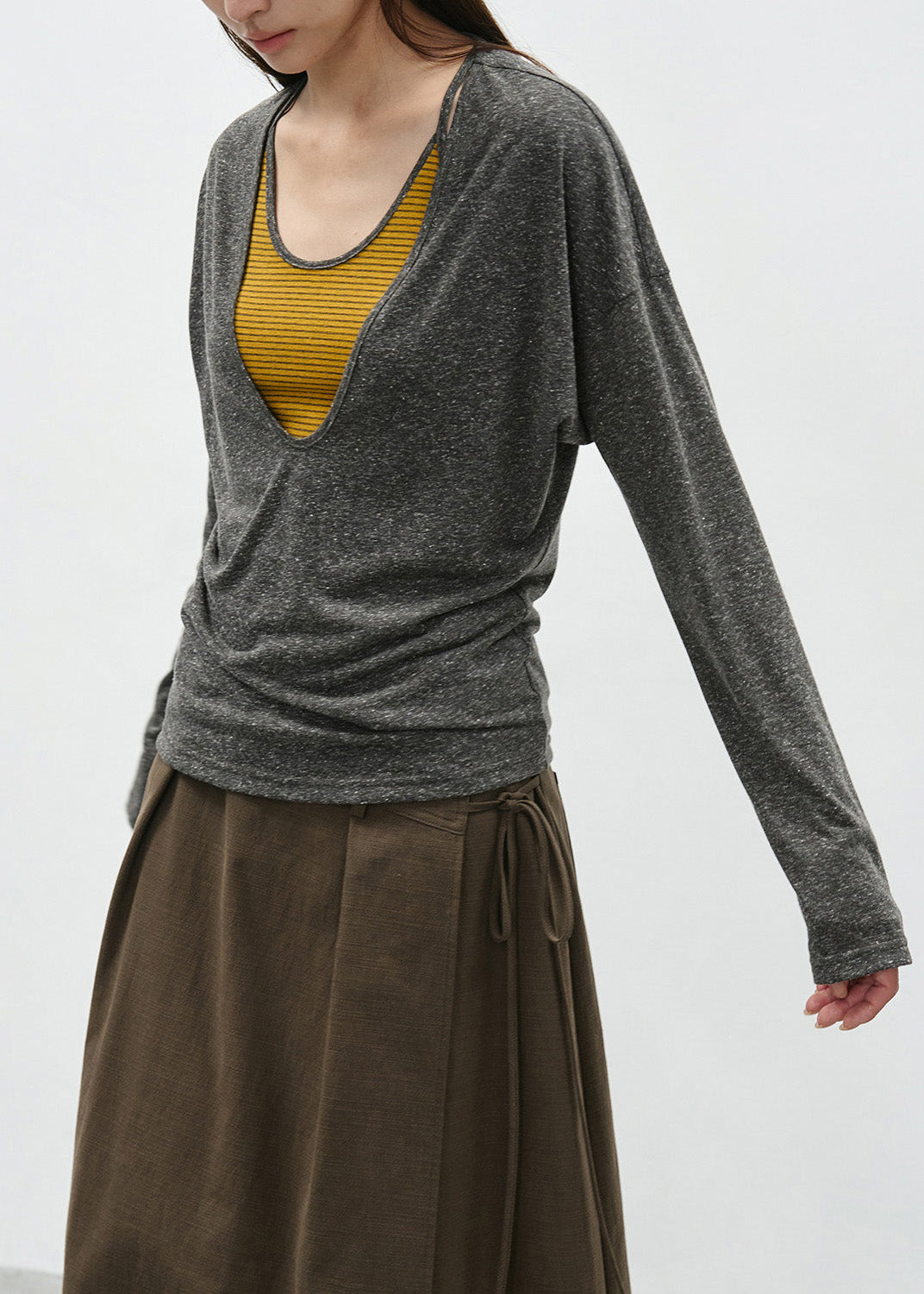 Chic Grey False Two Pieces Patchwork Cotton T Shirts Spring
