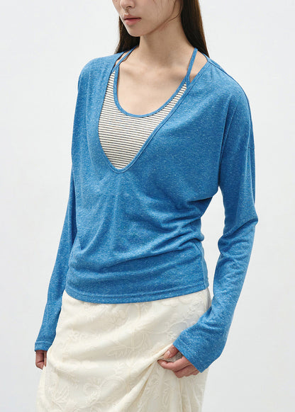 Chic Grey False Two Pieces Patchwork Cotton T Shirts Spring