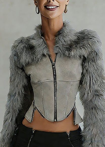 Grey Fur Collar Zippered Faux Suede Patchwork Coats Spring
