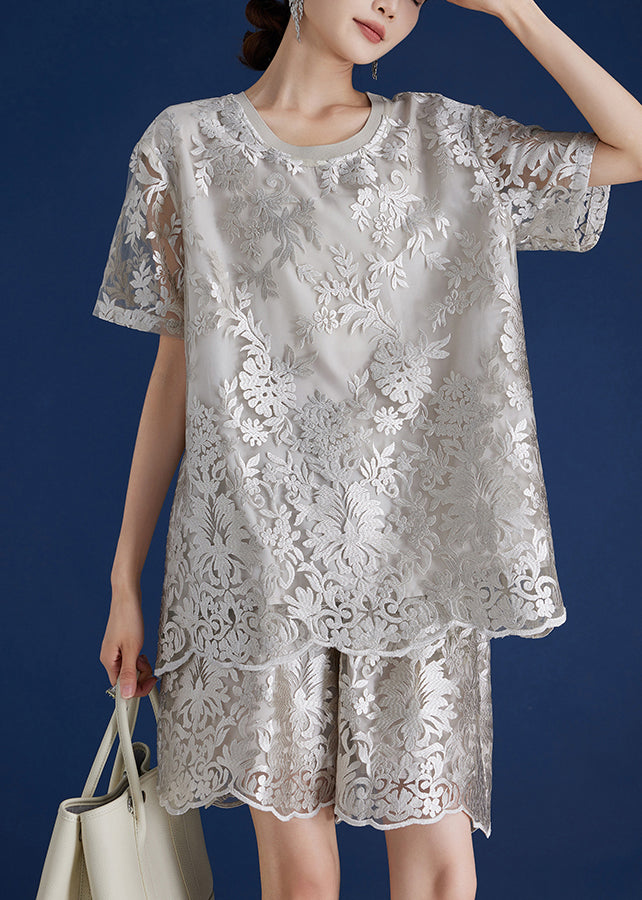 Grey O-neck Embroidered Lace Top and Shorts Two Piece Set Short Sleeve