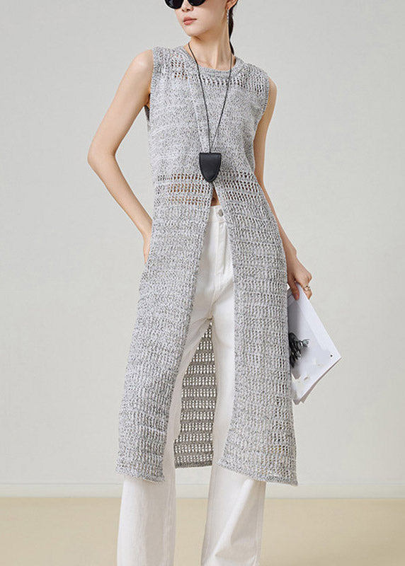 Grey O-neck Hollow Out Long Knit Cardigans Sleeveless