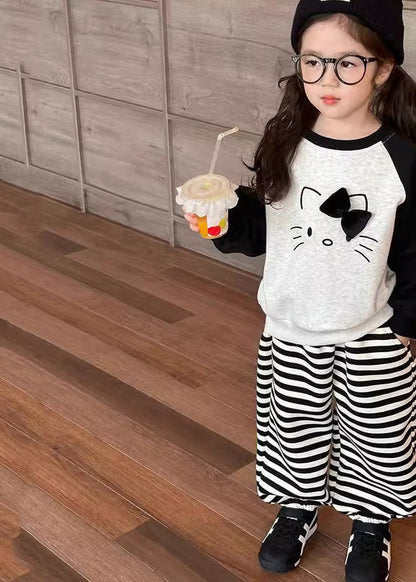 Grey O-neck Striped Sweatshirt and Lantern Pants Two Piece Set Spring