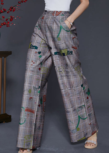 Grey Original Design Print Cotton Straight Pants Spring